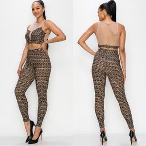 Egyptian print mesh crop top and pant set